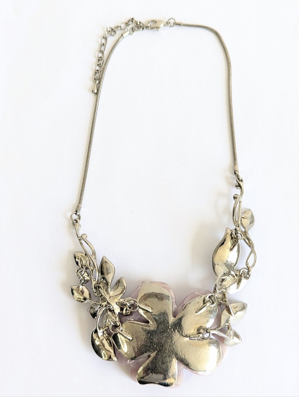 Pink Acrylic Flower Statement Necklace Enamel Floral Rhinestone Silver Tone Bib - Picture 5 of 7
